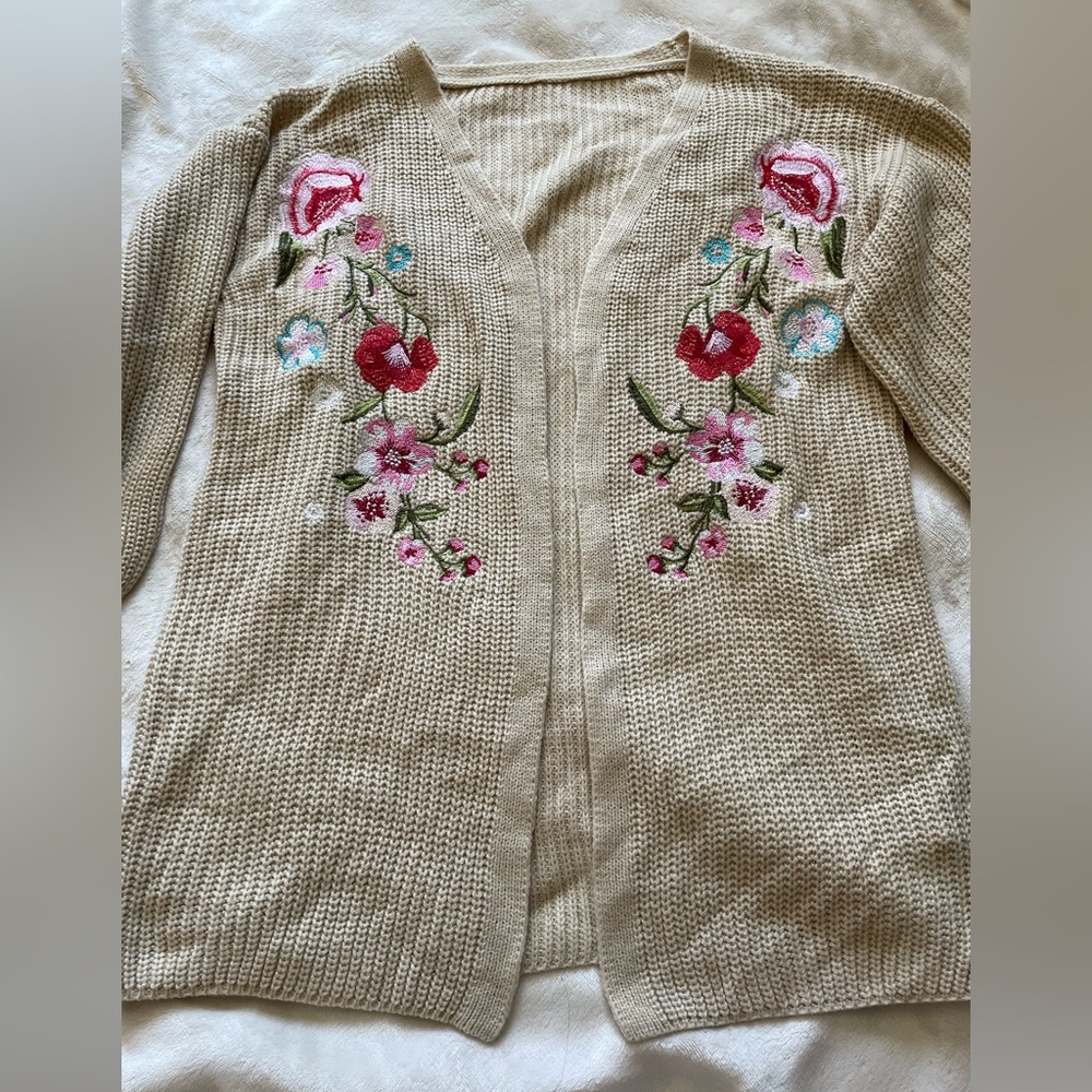 Floral Embroidered Beige Cardigan Sweater